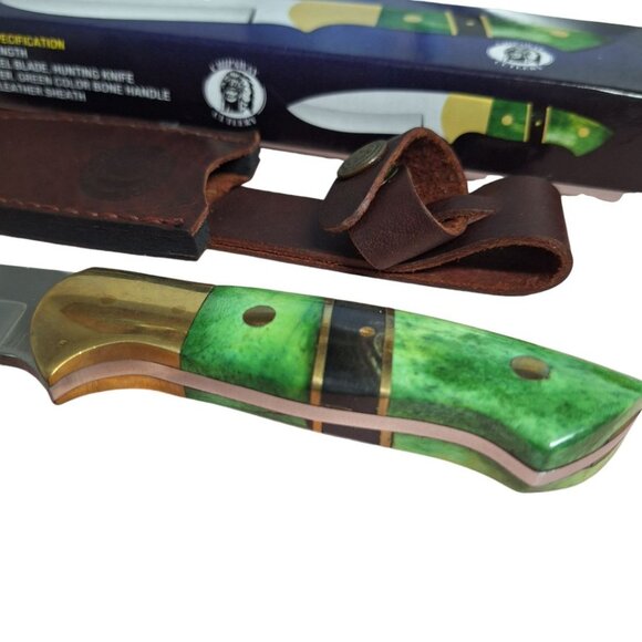 Chipaway Cutlery Hunting Knife Green Handle Leather Sheath 9 Inch Length Steel - Picture 2 of 9